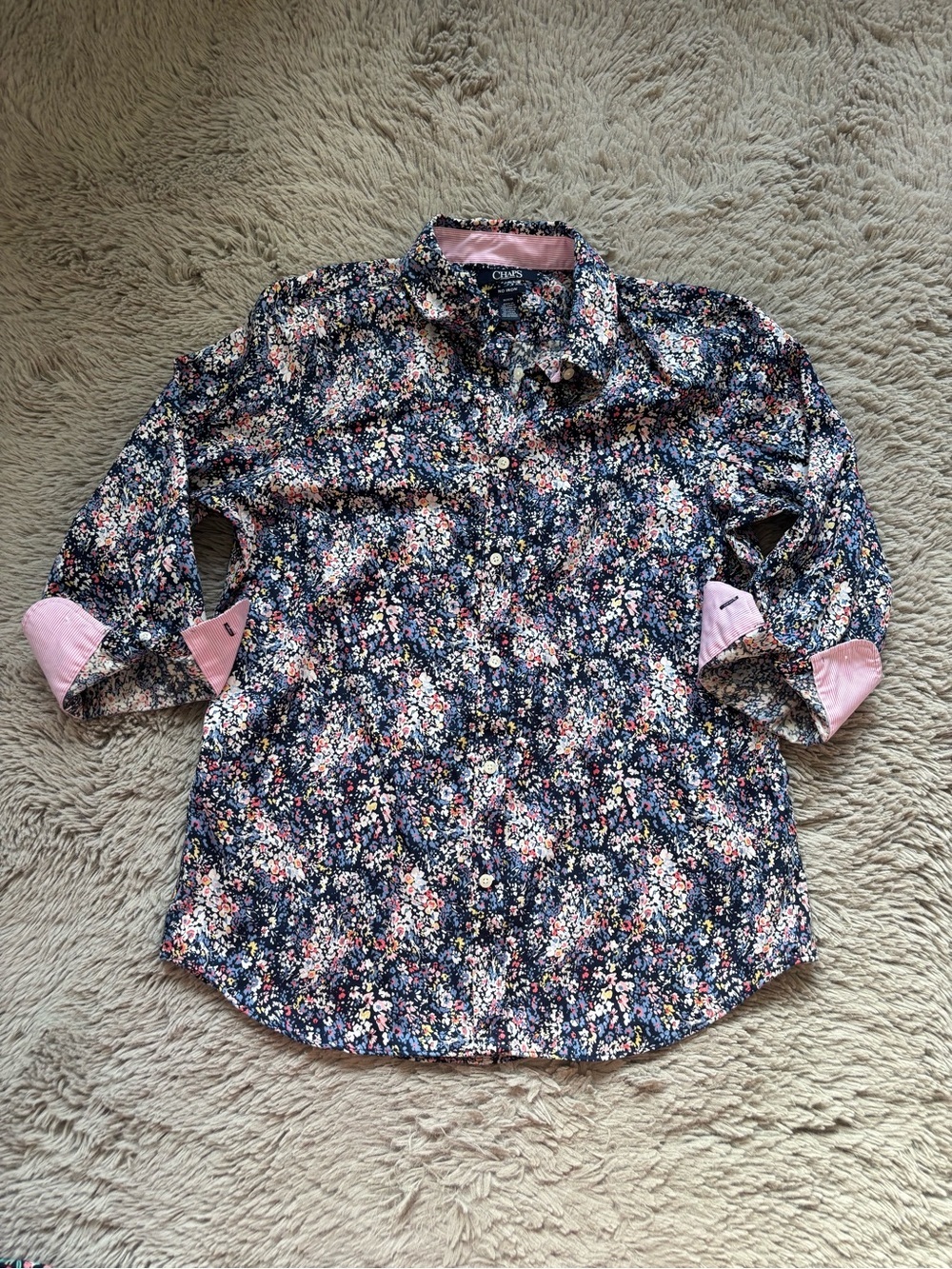 Chaps Navy Floral Button-Up Shirt with Pink Trim no iron Medium